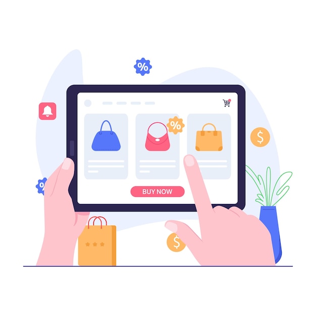 Vector tableta de mano para compras en línea