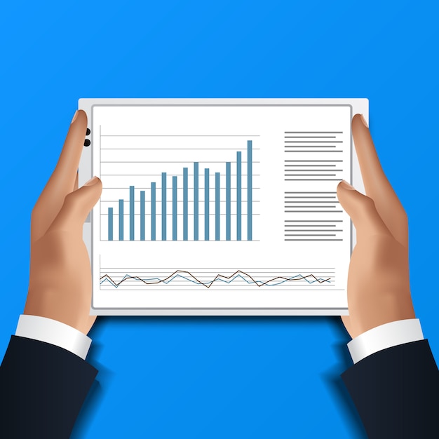 Vector tableta de mano. el empresario lee la hoja de cálculo de análisis de datos para el informe financiero con tabla y gráfico