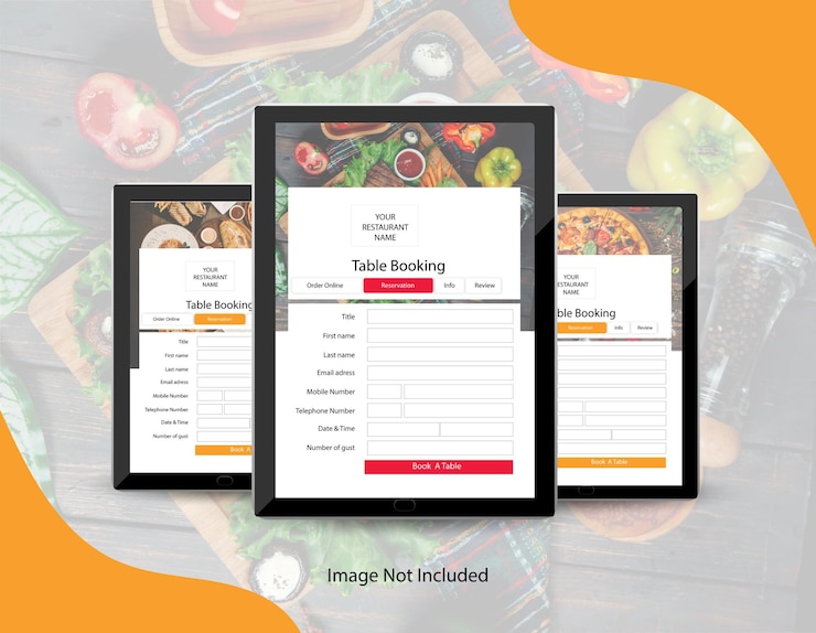 Vector una tableta con un menú que dice cenar en él formulario de reserva de restaurante