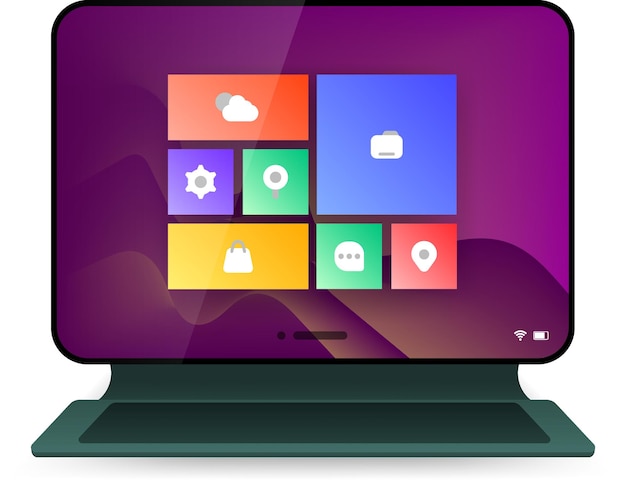 Tableta moderna que muestra una interfaz completa del sistema operativo de escritorio