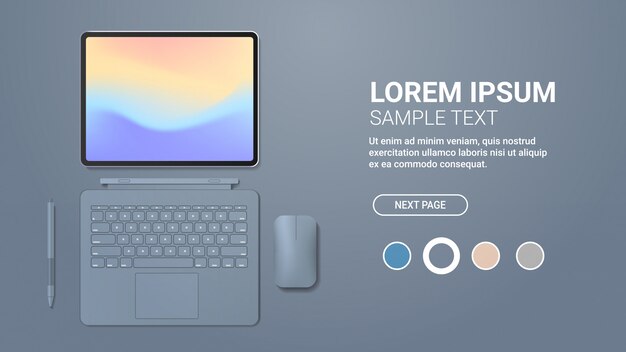 tableta moderna con teclado, mouse, lápiz y pantalla a color