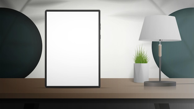 Tableta con una pantalla blanca Espacio de fondo de estudio con sombras y estante Estudio blanco con agujeros verdes en círculos redondos Vector