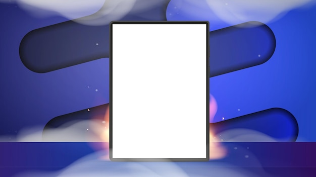 Tableta con pantalla blanca en llamas y humo concepto de stock o promoción de venta caliente pancarta o póster publicitario listo estilo realista ilustración vectorial