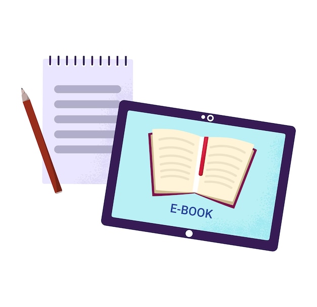 Tableta con pantalla de libro electrónico bloc de notas lápiz al lado de él Concepto de lectura de educación digital en línea
