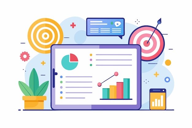 Una tableta que muestra un diagrama colocado junto a una taza de café Tableta con objetivos de datos y configuraciones Ilustración vectorial plana simple y minimalista