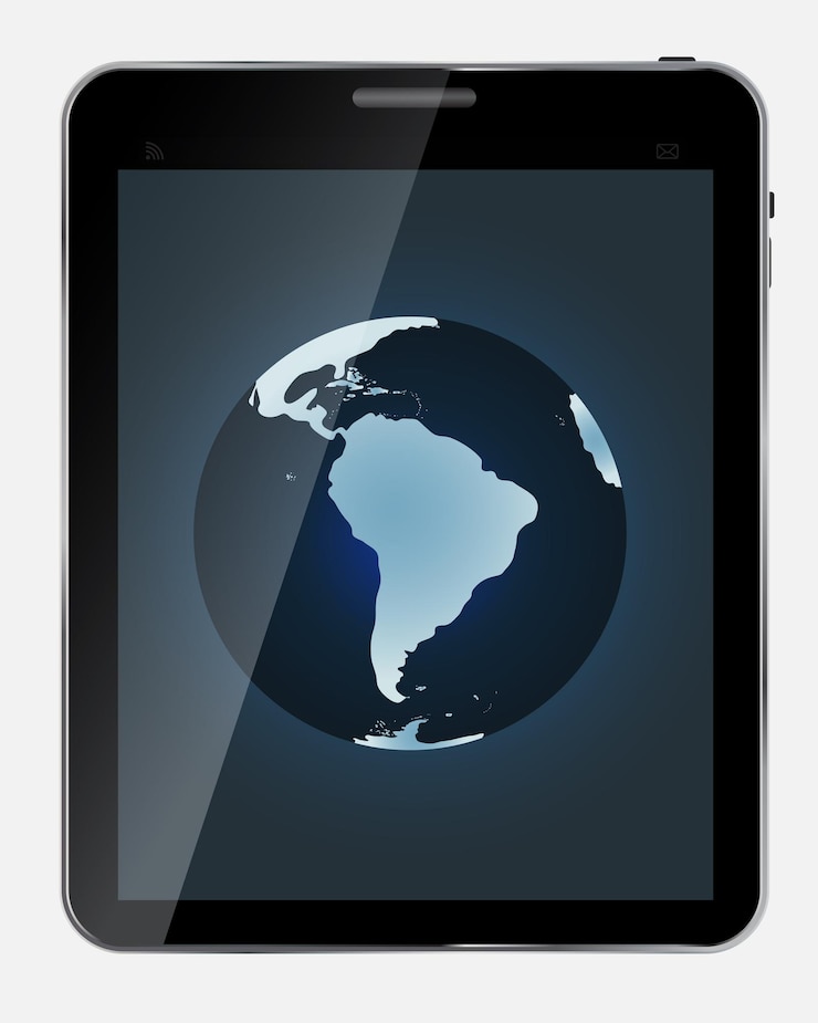 Vector tableta realista de diseño abstracto con pantalla de mapa del mundo aislada