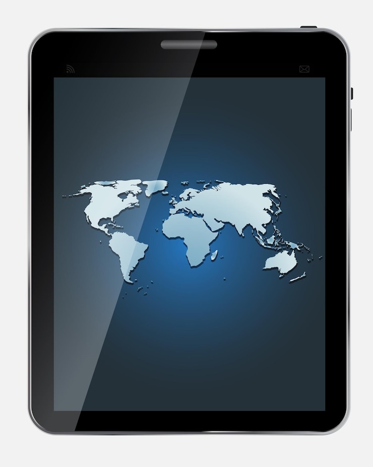 Vector tableta realista de diseño abstracto con pantalla de mapa del mundo aislada