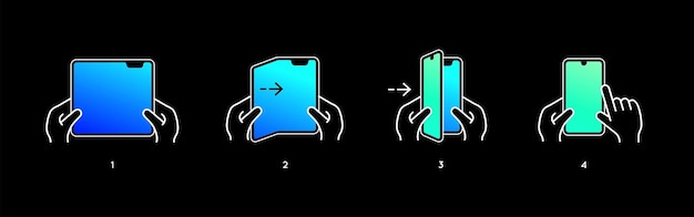 Tableta de teléfono inteligente con pantalla plegable Instrucciones manuales de despliegue de plegado paso a paso Vector aislado