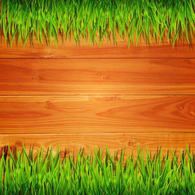 Tablones de madera con fondo de hierba verde