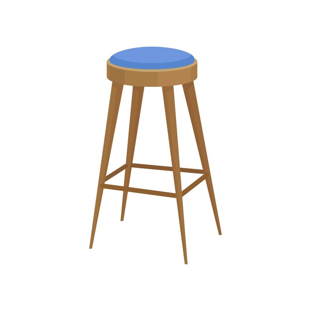 Taburete de bar de madera con asiento azul brillante suave Silla con patas largas Muebles modernos para cafetería y restaurante Objeto interior Ilustración vectorial colorida en estilo plano aislado en fondo blanco