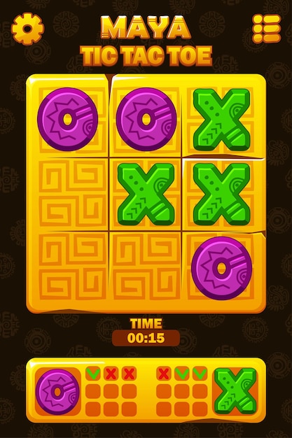 TAC TIC TOE UI en Maya o Azteca temático Juego de lógica de tablero de oro para su desarrollo de juegos UI Juego de estrategia vectorial ceros y cruces