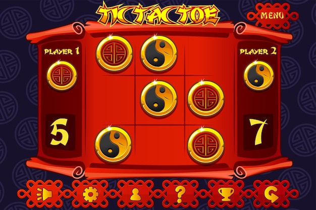 TAC TOE UI de juego en chino con temas chinos iconos yin yang y monedas de la suerte Juego de lógica de tablero para su desarrollo de juego TIC UI Juego de estrategia vectorial ceros y cruces
