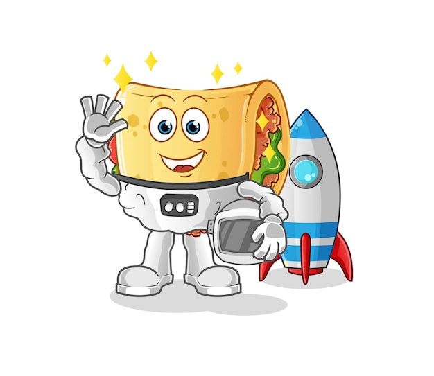 Taco astronauta agitando el carácter. vector de mascota de dibujos animados