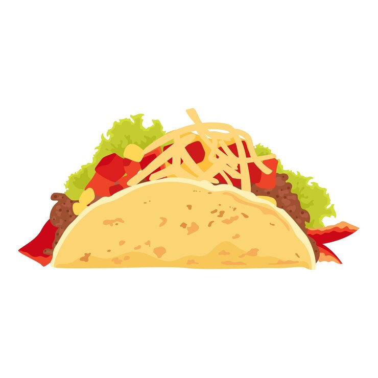 Vector taco con carne, verduras y queso vista frontal aislada sobre un fondo blanco
