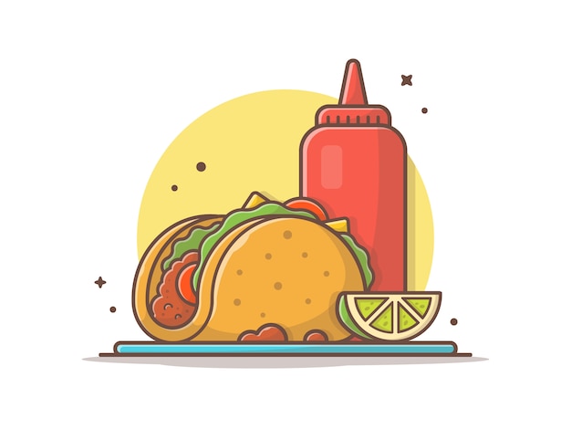 Taco comida mexicana con limón y salsa de tomate icono ilustración