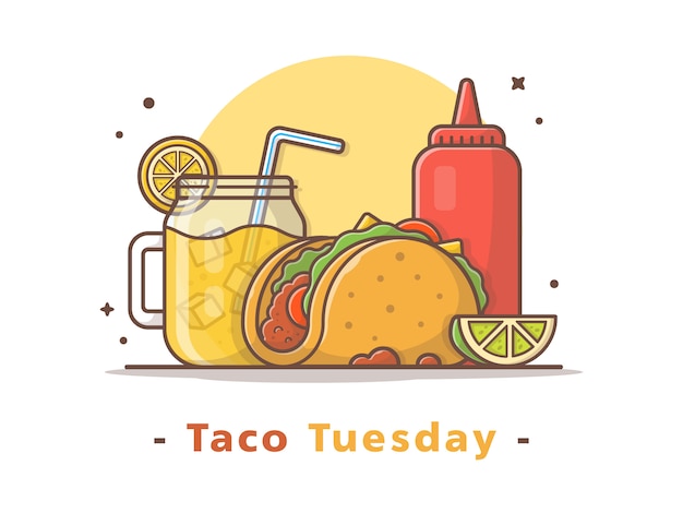 Taco comida mexicana con limonada y salsa de tomate ilustración vectorial