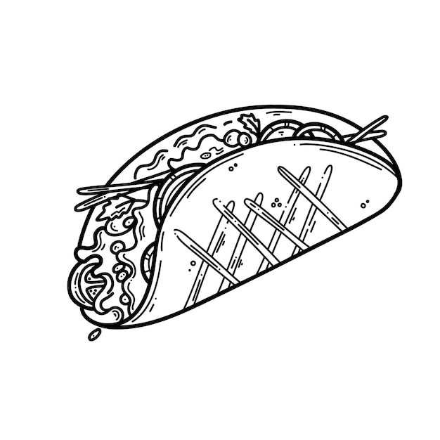 Taco doodle ilustración almuerzo mexicano línea arte vector icono para diseño de alimentos