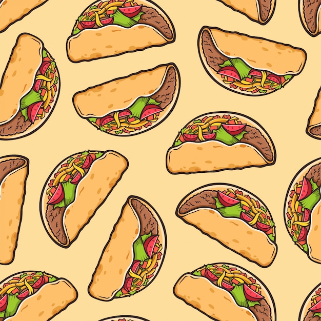 Vector taco de patrones sin fisuras. fondo de comida tradicional mexicana.