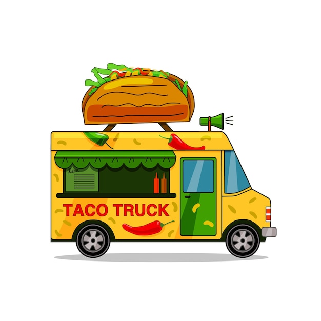 Taco truck camión de comida rápida de la calle, restaurante de comida para llevar, mercado en la calle ilustración vectorial aislada en estilo plano.