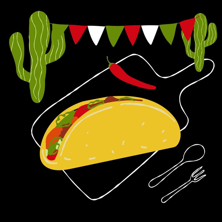 Vector tacos de ilustración de comida mexicana sobre fondo negro con cactus