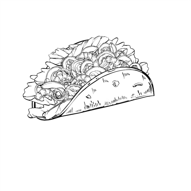 Tacos llenos de verduras camarones hojas de ensalada ilustración vectorial en blanco y negro tortilla de maíz envoltura de comida grabado dibujo burritos tradicionales mexicanos para llevar boceto para el diseño del menú