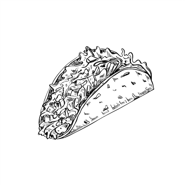 Tacos llenos de verduras ensalada de carne a la parrilla hojas ilustración vectorial pintada con tintas negras calle rápida tortilla envoltura de comida grabado dibujo burritos tradicionales mexicanos para llevar boceto