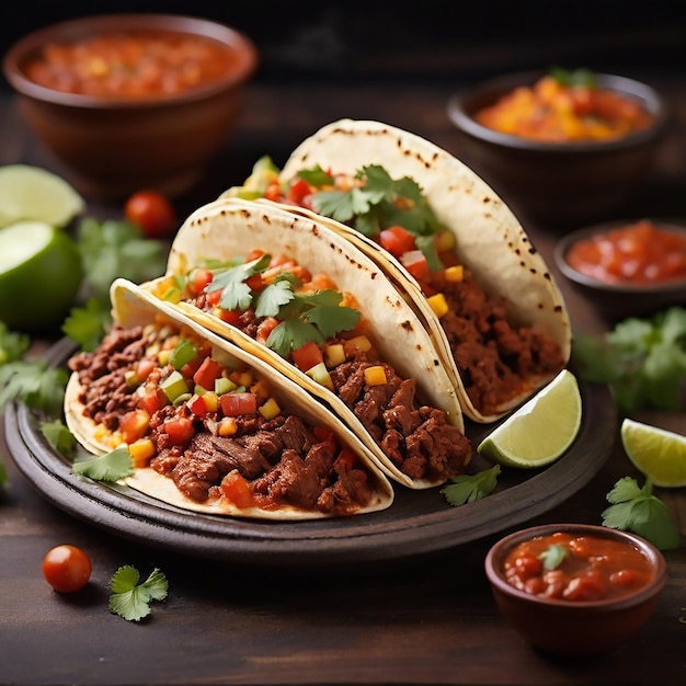 Tacos mexicanos con carne, verduras y cebolla roja