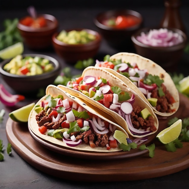 Tacos mexicanos con carne, verduras y cebolla roja