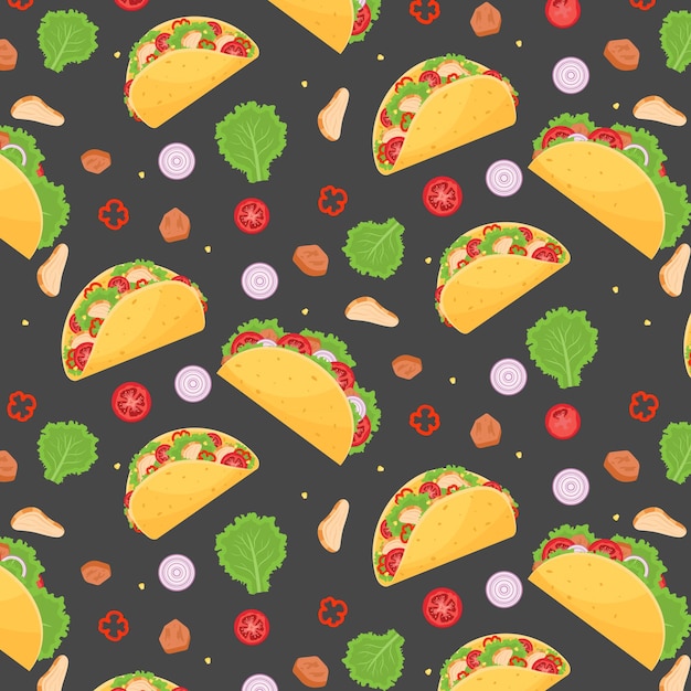 Tacos con patrón de carne y verduras Comida rápida mexicana tradicional Ilustración vectorial