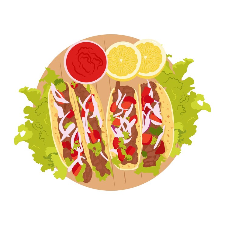 Vector tacos con salsa en una tabla de madera vista superior aislada sobre un fondo blanco comida mexicana dibujada a mano