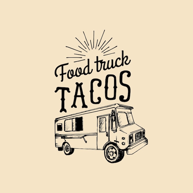 TacosHot and Tasty logo Vector vintage mexican food truck iconRetro dibujado a mano hipster street snack car ilustración