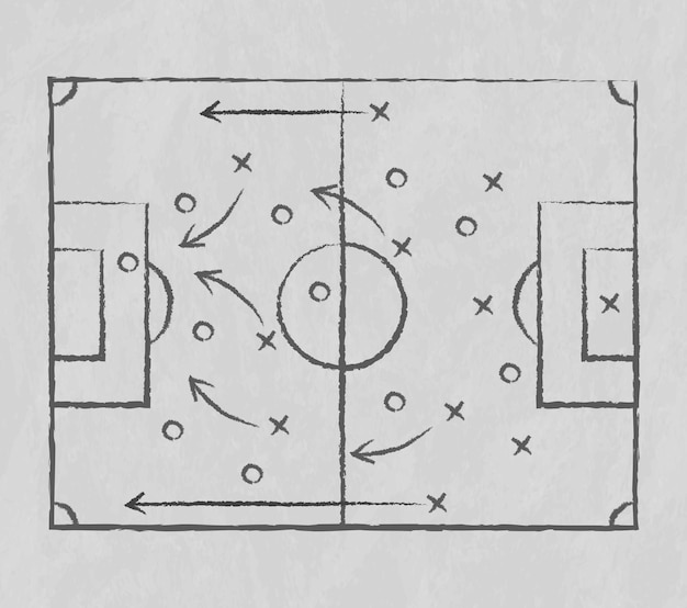 Tácticas de fútbol y fútbol dibujadas con marcador de tiza en un tablero blanco Vector