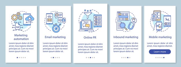 Tácticas de marketing digital que incorporan la pantalla de la página de la aplicación móvil con conceptos lineales. instrucciones gráficas de los pasos del tutorial de la campaña publicitaria. ux, ui, plantilla de vector de gui con ilustraciones