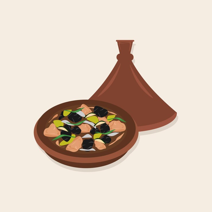 Tagine marroquí con cordero y albaricoques Tagine marroquí fragante con cordero y albaricoques Ilustración vectorial