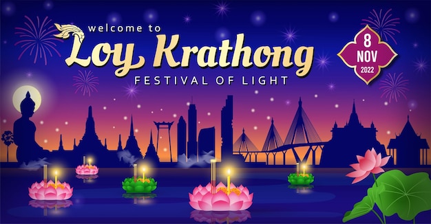 Tailandia loy krathong festival cestas flotantes con la silueta del horizonte de la ciudad de bangkok