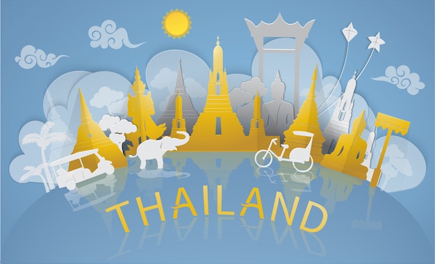 Tailandia viaja a lugares famosos y atracciones turísticas de Tailandia con estilo de corte de papel