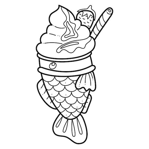 Taiyaki single doodle3 Pescado relleno dulce asiático lindo con helado Ilustración de vector blanco y negro de dibujos animados