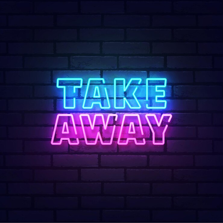 Vector take away letrero de neón letrero brillante banner de luz take away logo emblema de neón ilustración vectorial