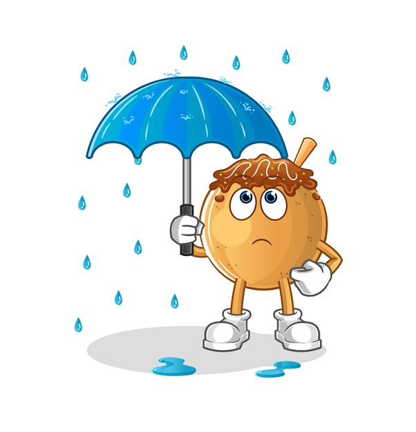 Takoyaki sosteniendo una ilustración de paraguas. vector de personaje
