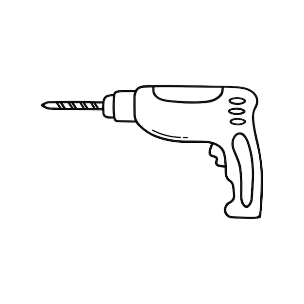 Taladro eléctrico dibujado a mano garabato Herramienta de construcción en estilo boceto Ilustración vectorial aislado sobre fondo blanco
