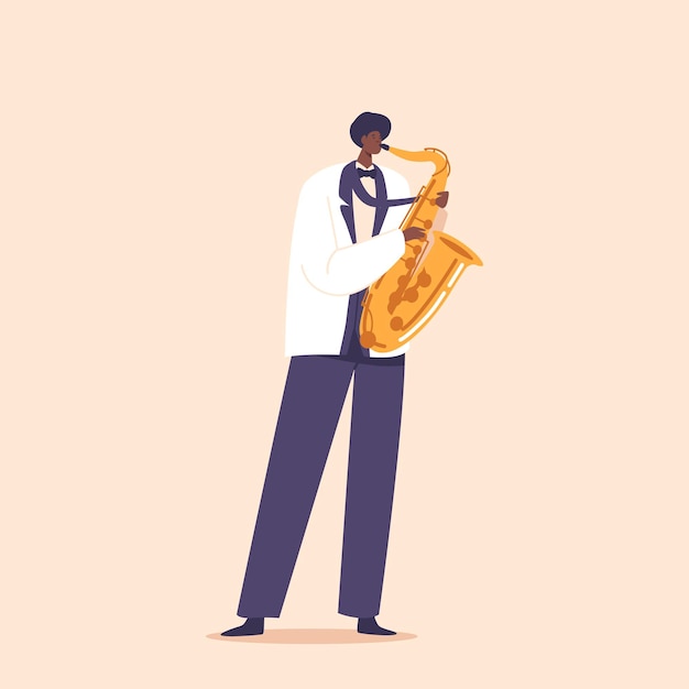 Talentoso personaje de músico negro que toca apasionadamente música de jazz conmovedora en el saxofón y crea melodías fascinantes