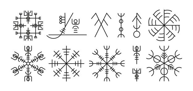 Talismán de runas nórdicas Escandinavo antiguo magia pagana vikingo símbolos de protección amuleto futhark nórdico con signos místicos escritos Conjunto aislado vectorial