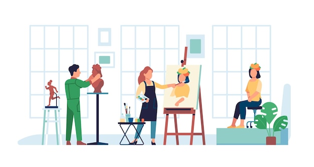 Taller de artista. Espacio de trabajo creativo. Coworking de clase de arte. Poses de modelo para pintor y escultor. Afición y profesión de la gente. Hombre y mujer trabajando en el estudio de pintura. Creación de obras de arte. Concepto de vector