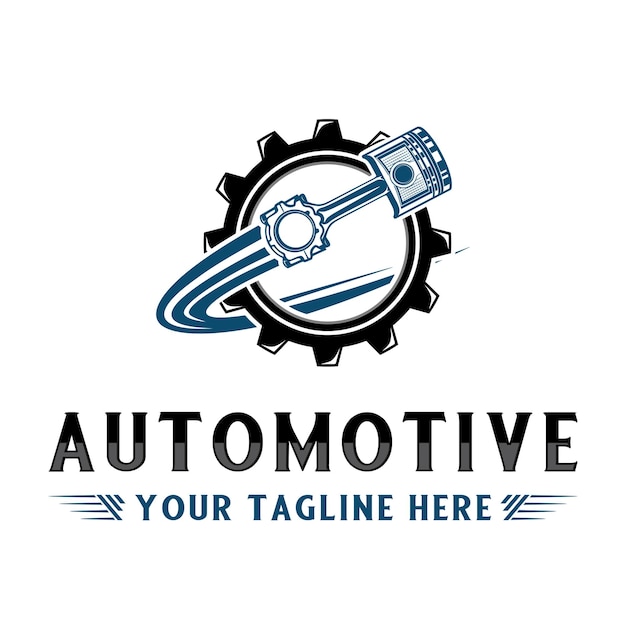 Taller de diseño de logotipo vectorial, pistones de motor y engranajes para taller de reparación de automóviles o motocicletas.
