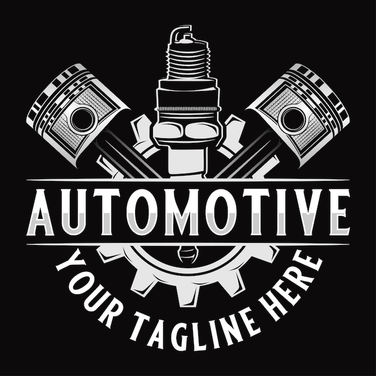Vector taller de diseño de logotipo vectorial, pistones de motor y engranajes para taller de reparación de automóviles o motocicletas.