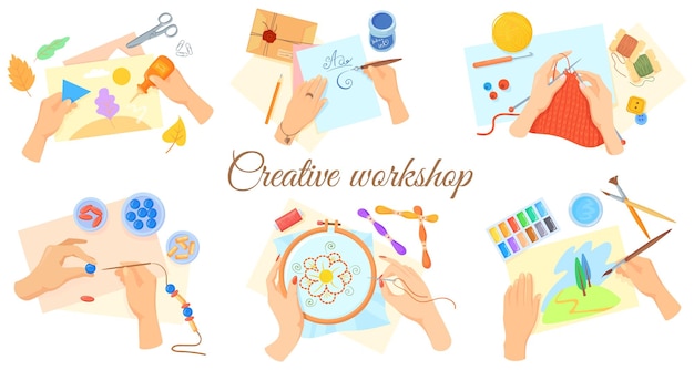 Taller hecho a mano de dibujos animados Crear actividad de bricolaje bordado textil pintura arte impresión costura creaciones hobby creativo decoupage de manos mujer artesanos costura vector limpio