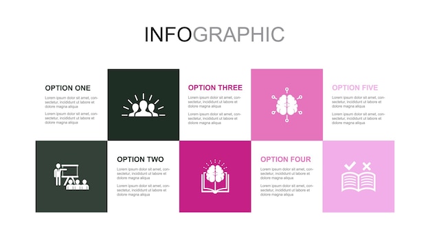 Taller motivación conocimiento inteligencia guía iconos Plantilla de diseño de diseño infográfico Concepto de presentación creativa con 5 pasos