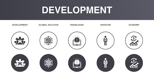 Taller motivación conocimiento inteligencia guía iconos Plantilla de diseño infográfico Iconos de concepto creativo conjunto 5 elementos diferentes colores