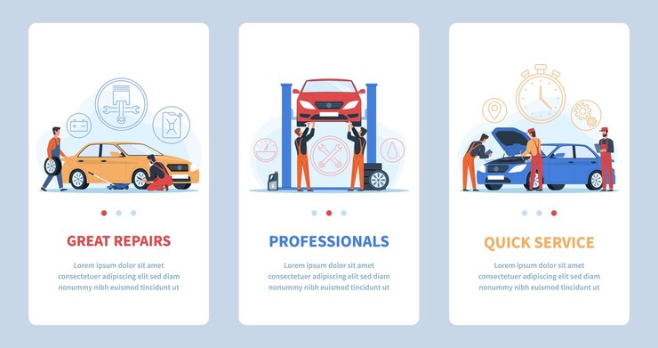Vector taller de reparación de automóviles aplicación de servicio automático mantenimiento técnico vehículos profesionales de recolección eliminan problemas mecánicos e ingenieros cambian detalles de automóviles y ruedas vector banners