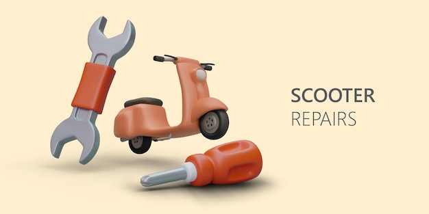 Taller para reparación de scooters ciclomotores Banner publicitario en estilo de dibujos animados Plantilla de vector de color Diagnóstico de mantenimiento estacional piezas de repuesto de batería